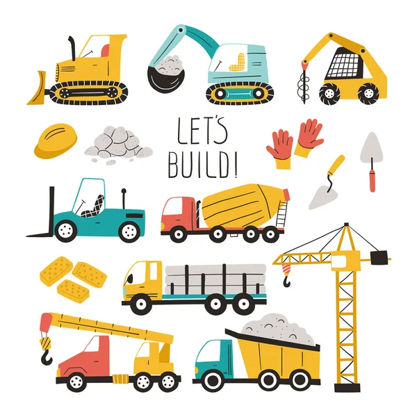 Set Construction Vehicles Isolated White Background Illustration Truck Bulldozer Concrete —  Vetores de Stock