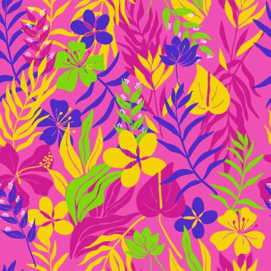 Tropical leaves and paradise flowers on bright pink background. Seamless exotic botanical pattern