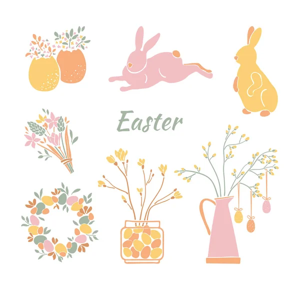 Paskalya için el yapımı elementler ayarlandı. Paskalya yumurtaları, çiçekler, tavşan, çelenk