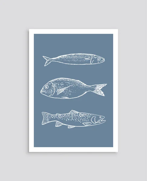 Handgezeichnetes Poster Mit Verschiedenen Fischarten Abstrakte Plakatvorlage Für Ozeanleben — Stockvektor