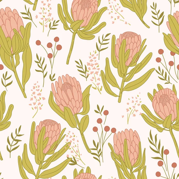 stock vector Protea flowers and leaves seamless pattern. Hand drawn exotic floral background. Design for paper, cover, fabric, interior decor.