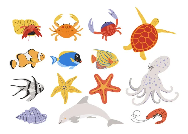 Set Hand Drawn Sea Creatures Cute Ocean Life Characters Fish — Stock Vector