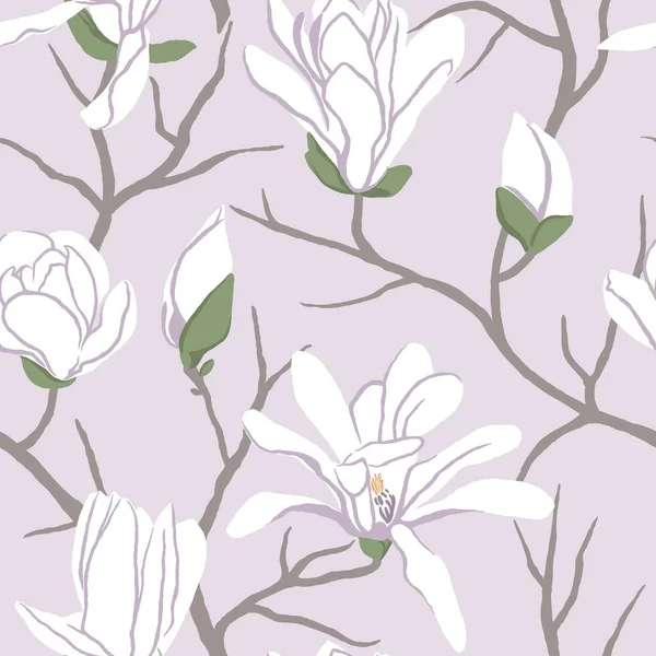 Sömlöst Mönster Med Magnolia Blommor Handritad Minimalistisk Stil Grenar Med — Stock vektor