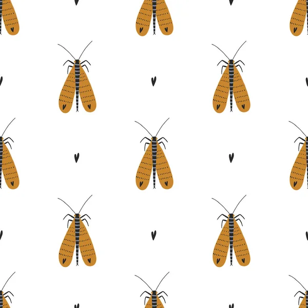 Moth Dessiné Main Motif Sans Couture Coeur Insectes Mignons Sur — Image vectorielle