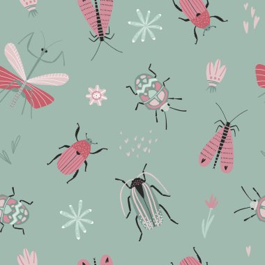 Yeşil arka planda böcekler ve çiçek elementleriyle kusursuz desen. Kumaş, tekstil, ambalaj kağıdı, kapak tasarımı