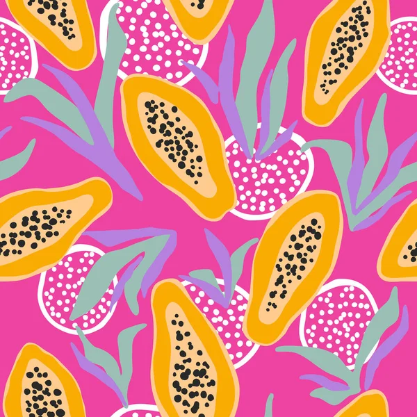 明るいパパイヤの果物のシームレスなパターン ピンクの背景に葉と抽象的な要素を持つパパイヤの半分 — ストックベクタ