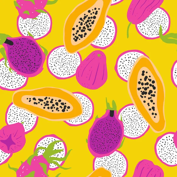 混合トロピカルフルーツパパイヤ ドラゴンフルーツとローズアップルシームレスパターン 家庭用繊維 包装紙 カバーのための明るい夏のデザイン — ストックベクタ