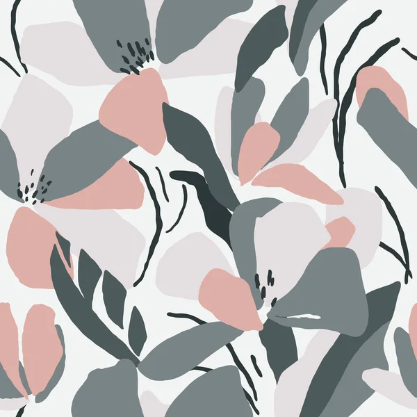 Şekillendirilmiş çiçek ve yapraklarla soyut, dikişsiz desen. Doğal renklerde modern arkaplan