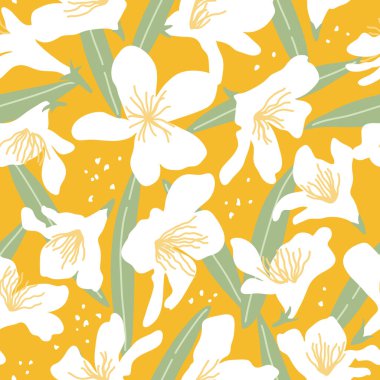 Beyaz zakkum çiçekleri ve sarı arka planda yaprakları olan kusursuz desenler. Tekstil, kumaş, kapak, ambalaj kağıdı için el yapımı tropikal bitkiler