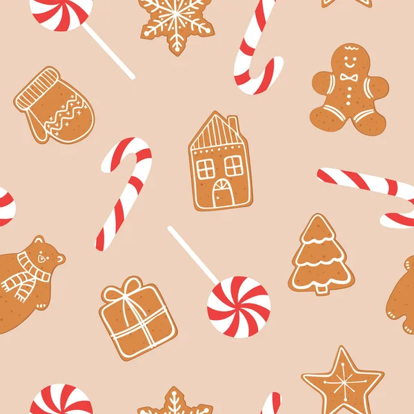 Zencefilli kurabiyeler, lolipoplar ve şeker kamışlı kusursuz Noel şablonu. Geleneksel tatil tatlıları
