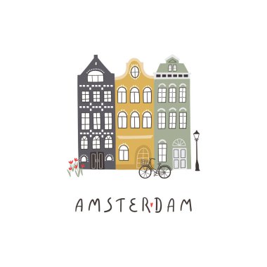 Amsterdam evlerinin ve harflerinin vektör çizimi. Geleneksel eski binalar. Seyahat afişi, kartpostallar, tebrik kartları şablonu. El çizimi İskandinav tarzı tasarım