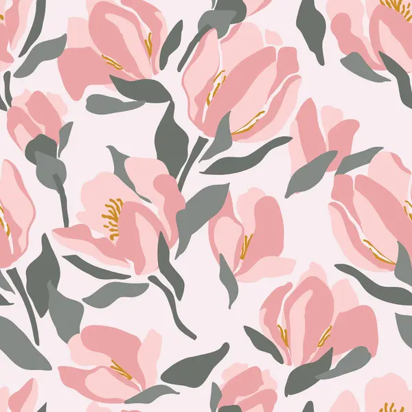 Soyut el, manolya çiçeklerinin dikişsiz desenlerini çizdi. Büyük çiçekler ve yapraklar. Kumaş, ev yapımı tekstil, ambalaj kağıdı tasarımı