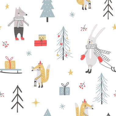 Noel desensiz, el çizimi hayvanlar ve dekoratif elementlerle. Tatlı kış karakterleri