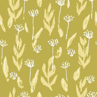 Çağdaş, pürüzsüz desenli, fırça boyalı yapraklar ve kır çiçekleri. Modern çiçek tasarımı