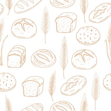 Farklı ekmek ve buğday kulakları ile elle çizilmiş kusursuz desen. Pişmiş mallar. Fırın, ev yapımı tekstil için tasarım