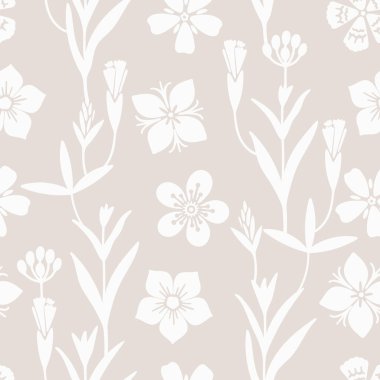 Kusursuz narin çiçekli desen, zarif çiçekli özgürlük deseni. El çizimi bitkiler, basit çiçekler ve bej arkaplanda yapraklar