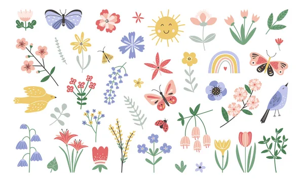Soyut, soyutlanmış bahar çiçekleri, bitkiler, kelebekler ve kuşlar. Çizgi film çocuk stili, kreş çizimi