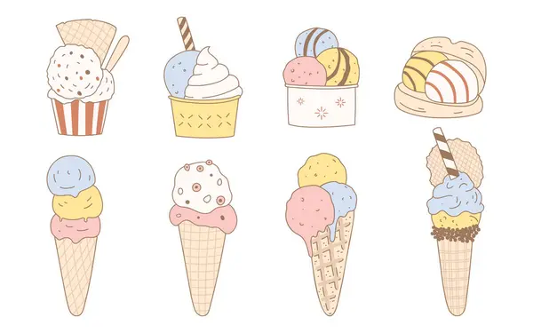 Набор Различных Видов Мороженого Стиле Ретро Ручная Иллюстрация Продуктов Питания Векторная Графика