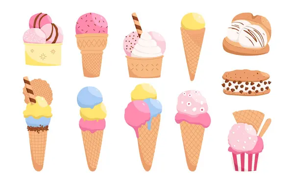 Набор Вручную Нарисовал Различные Виды Мороженого Яркие Иллюстрации Еды Стоковая Иллюстрация