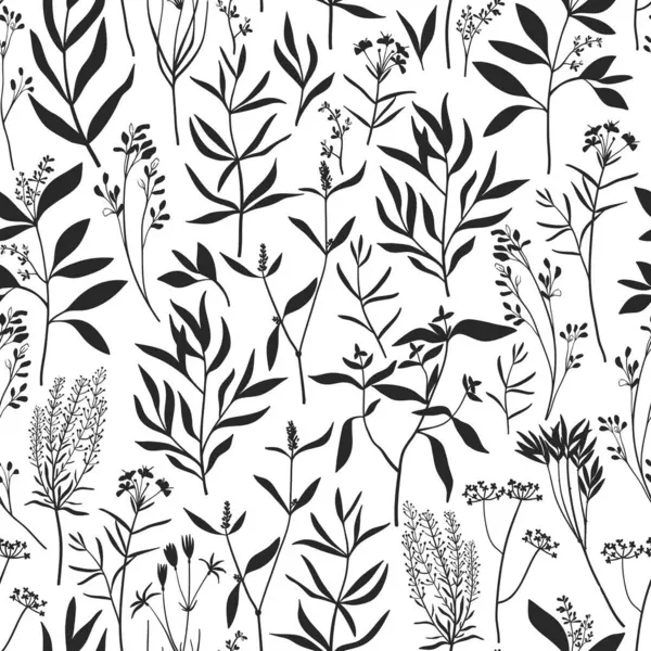 Dibujado Mano Patrón Floral Sin Costura Blanco Negro Diferentes Siluetas Ilustración de stock