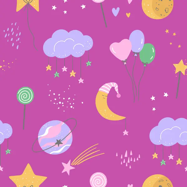 Бесшовный Рисунок Облаком Луной Планетой Воздушными Шарами Звездами Детском Стиле Стоковый вектор