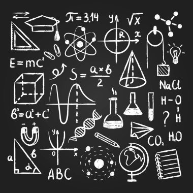 Tahtaya elle çizilmiş eğitici unsurlar. Farklı matematik, kimya, geometri, fizik formülleri ve tebeşir stilinde öğeler