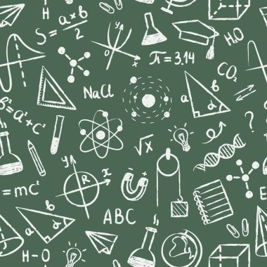 Elle çizilmiş tebeşir taklidi eğitim objeleri yeşil arka planda kusursuz desen. Farklı matematik, kimya, fizik formülleri, grafikler ve diğer şeyler