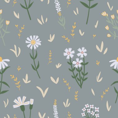 Seamless pattern with hand drawn wild flowers and leaves on green background. Design for textile, fabric, wrapping paper