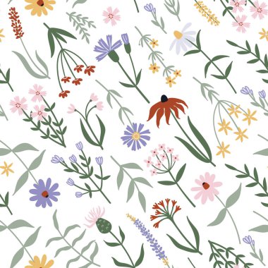 Seamless pattern with hand drawn wild flowers and leaves on white background. Design for textile, fabric, wrapping paper