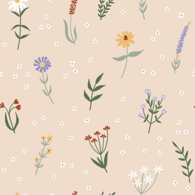Seamless pattern with hand drawn wild flowers and leaves on beige background. Design for textile, fabric, wrapping paper