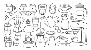 Elle çizilmiş farklı kahve çeşitleri. Espresso, americano, cappuccino, latte, dalgona, soğuk bira, kahve, fransız presi. Doodle biçim vektör çizimleri