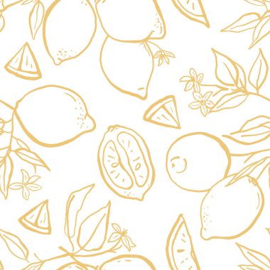 El çizimi çizimi limonlar pürüzsüz desen. Tekstil, ambalaj ve ambalaj kağıtları için tropik yaz baskısı