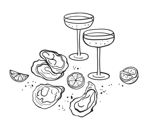 İstiridye ve şampanyayla el yapımı kompozisyon. Basit karalama yemek çizimi