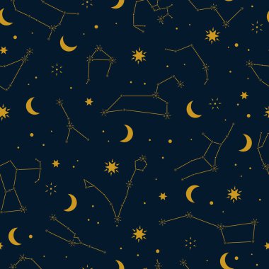 Karanlık arka planda takımyıldızları, yıldızları ve ayı olan kusursuz boho deseni. Kumaş, tekstil, ambalaj kağıdı ve kapak için sihirli gece tasarımı