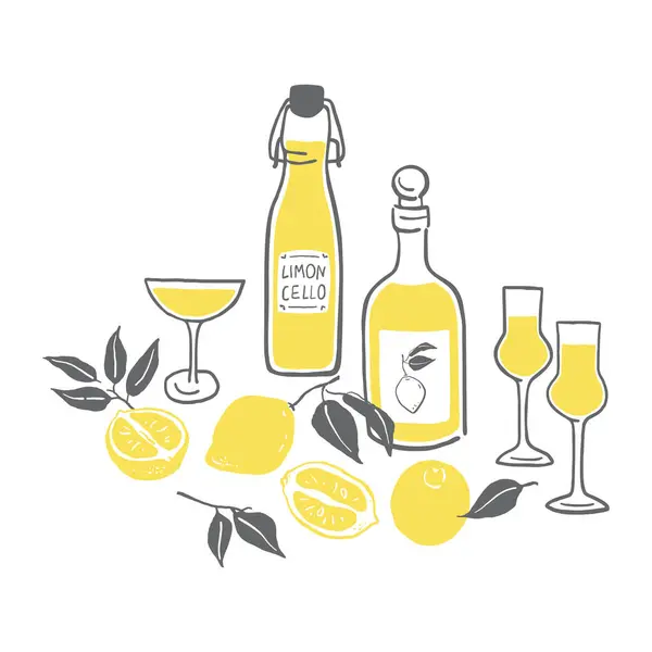 Limonçello şişeleri ve gözlükler beyaz arka planda izole edilmiş vektör çizimi. Yaz içeceği, ferahlatıcı İtalyan limonçellosu