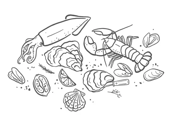 Vektör el, deniz ürünleri resimlerini çizdi. İstiridye, ıstakoz, kalamar ve midye.