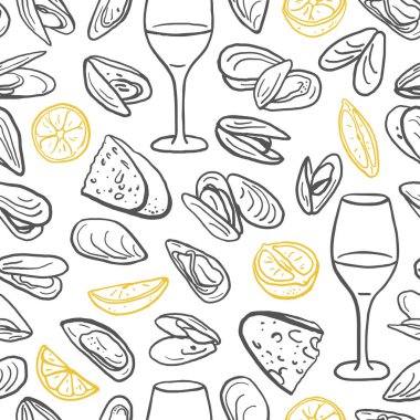 Minimalist kusursuz midye, limon ve şarap deseni. Kumaş, tekstil ve ambalaj kağıtları için el yapımı deniz ürünleri tasarımı