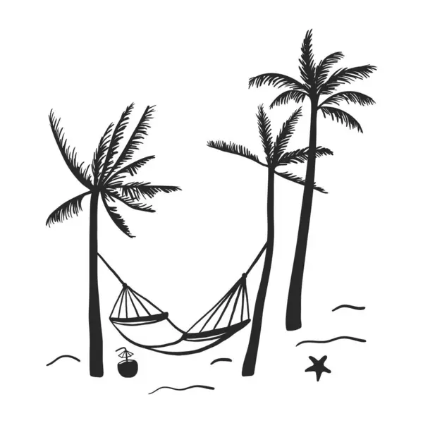 Sahilde hamağı olan el çizimi palmiye ağaçları. Basit tropikal manzara