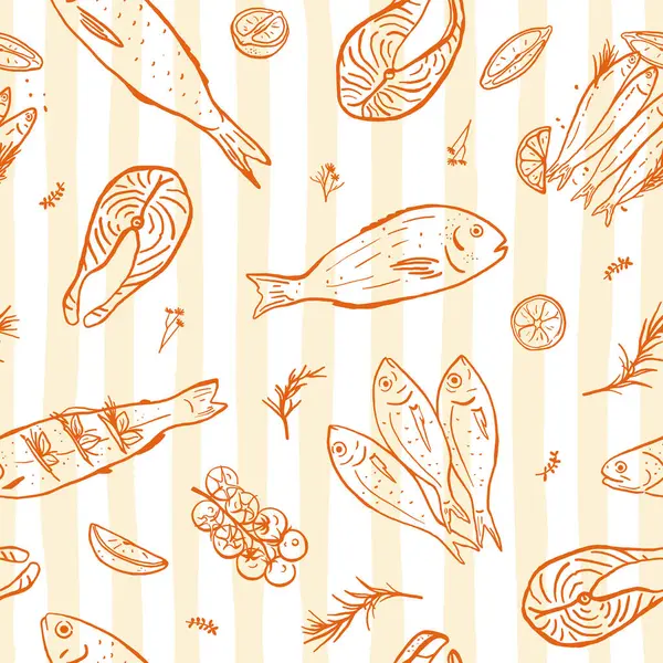 Çizgili arka planda elle çizilmiş kusursuz desenler. Ambalaj kağıdı, tekstil, menü, kapak için tek renkli deniz ürünleri tasarımı