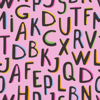 Renkli elementlerle el çizimi siyah harflerle kusursuz desen. Çocuk baskısı, okul, tipografi geçmişi için tasarım
