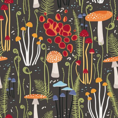 Orman mantarları ve eğreltiotu yapraklarıyla kusursuz desen. Tekstil, ambalaj kağıdı ve kapak için sonbahar doğa tasarımı