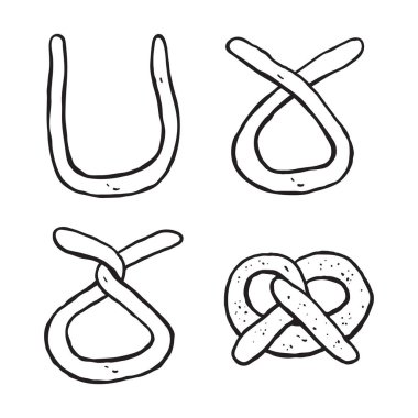 Elle çizilmiş orijinal fırın ürünü pretzel illüstrasyonu. Basit, lezzetli kahvaltı sembolü. Taze yiyecek.