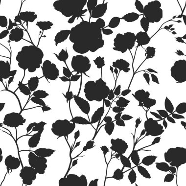 Tek renkli, pürüzsüz desenli, bahçe güllerinin silueti. Kumaş, tekstil, duvar kağıdı, ambalaj kağıdı için çiçek tasarımı