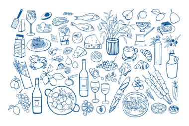 Basit bir Akdeniz yemeği seti. Karalama tarzında farklı Avrupa malzemeleri ve yemekleri