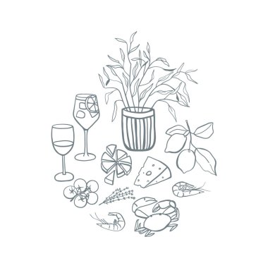 El yapımı karalama tarzı yemek seti. Tek renkli meyveler, peynir, şarap, deniz ürünleri resimleme