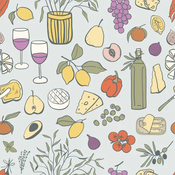Retro tarzı yiyeceklerin kusursuz deseni. Kumaş, tekstil, ambalaj kağıdı ve kapak için basit el yapımı gıda tasarımı
