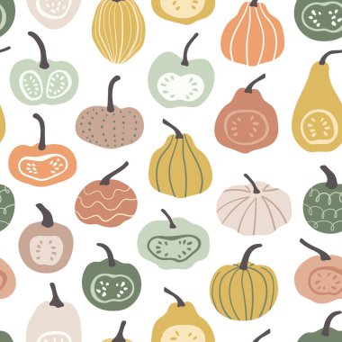 Farklı el yapımı balkabakları pürüzsüz desen. Tekstil, kumaş, ambalaj kağıdı, kapak, arka plan için Şükran Günü tasarımı