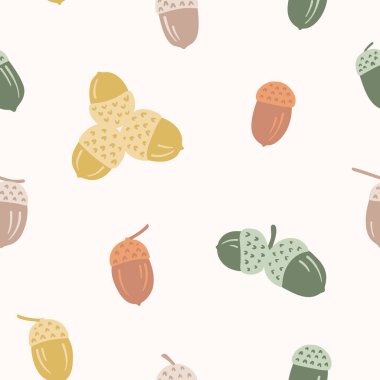 Çeşitli renklerde meşe palamudu deseni çizilmiş. Kumaş, tekstil, ambalaj kağıdı ve kapak için sonbahar tasarımı