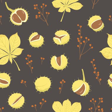 El yapımı kestaneler, yapraklar ve böğürtlenler dikişsiz. Kumaş, tekstil, ambalaj kağıdı, kapak, duvar kağıdı için doğal tasarım