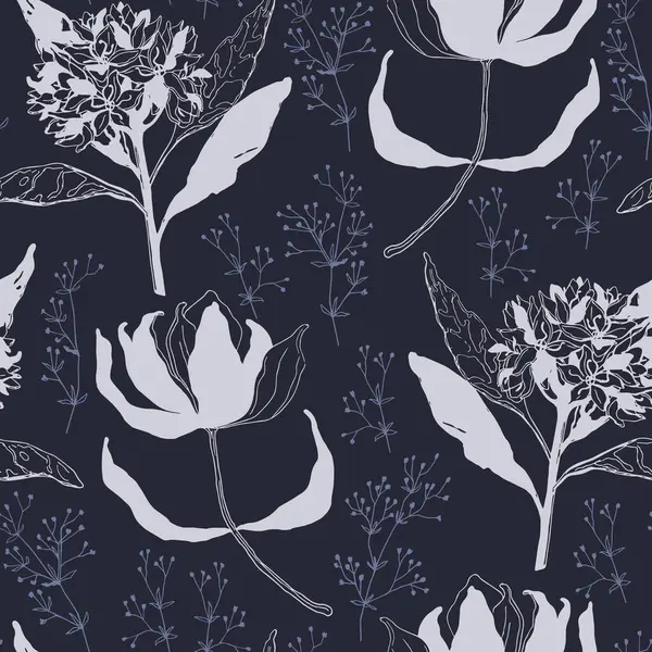 Elle çizilmiş büyük çiçekler, pürüzsüz desen. Kumaş, tekstil, ambalaj kağıdı ve kapak için mavi renkli çiçek tasarımı